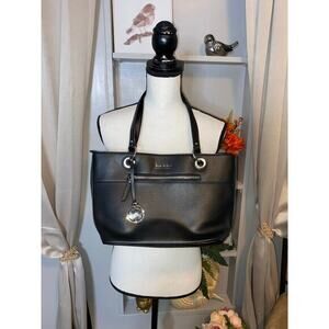 Nicole Miller New York Black W/ Silver Logo Zipper Pockets Top Handles Handbag